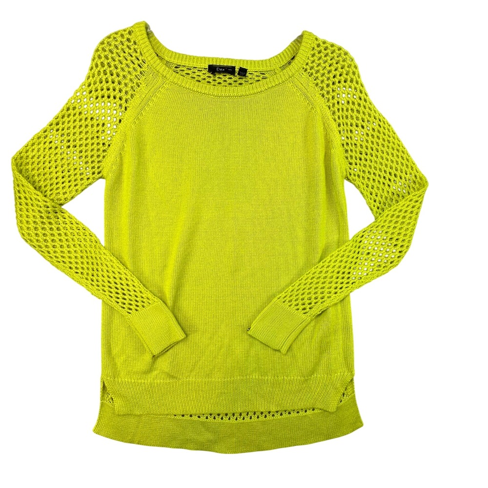 Dex 1963 Lime Green Open Knit Crochet Back Sweater Neon Boho Size Small Festival